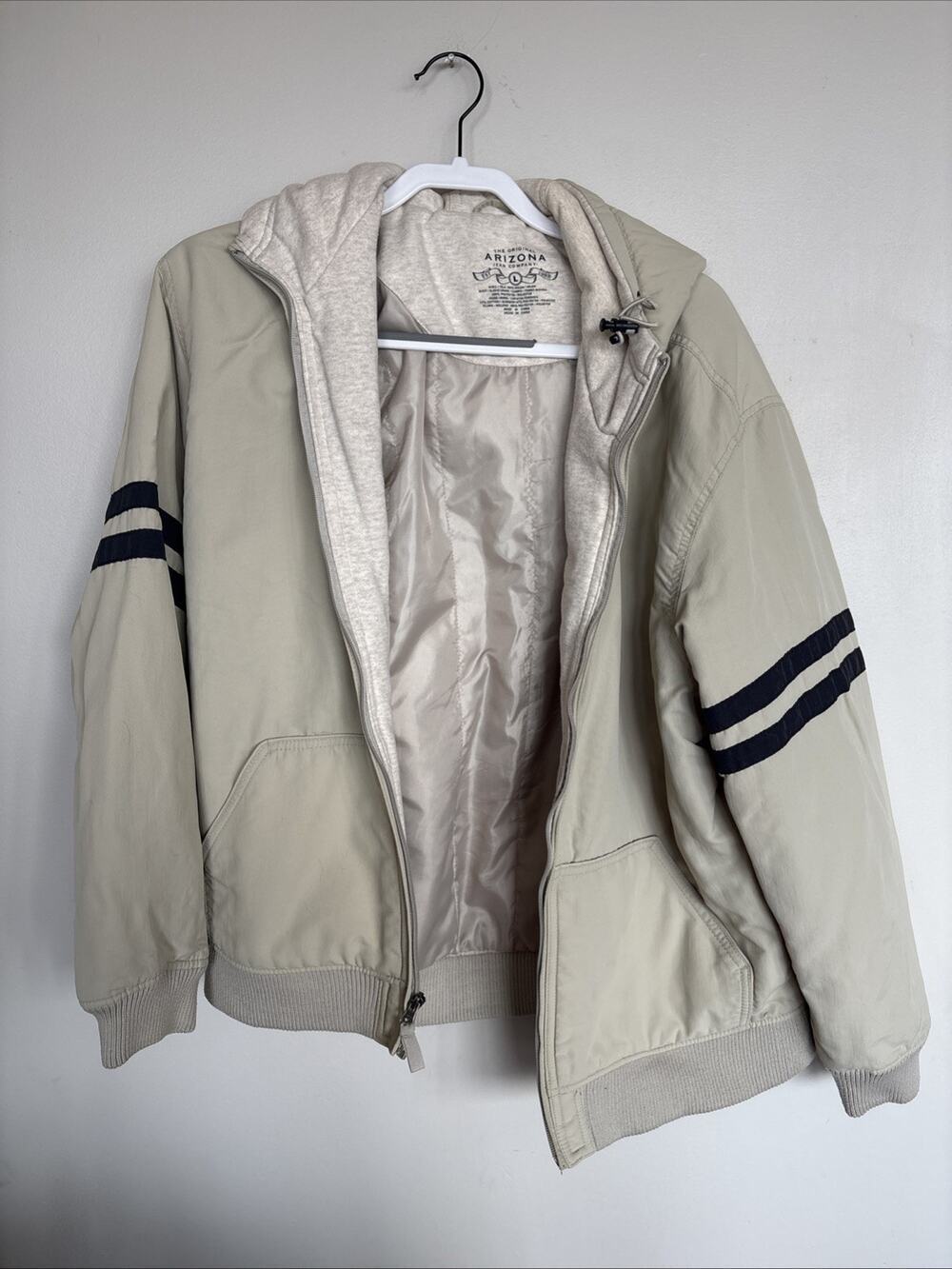 Arizona Jean Co Hooded Bomber Jacket Tan Beige Full Zip Striped Sleeve L